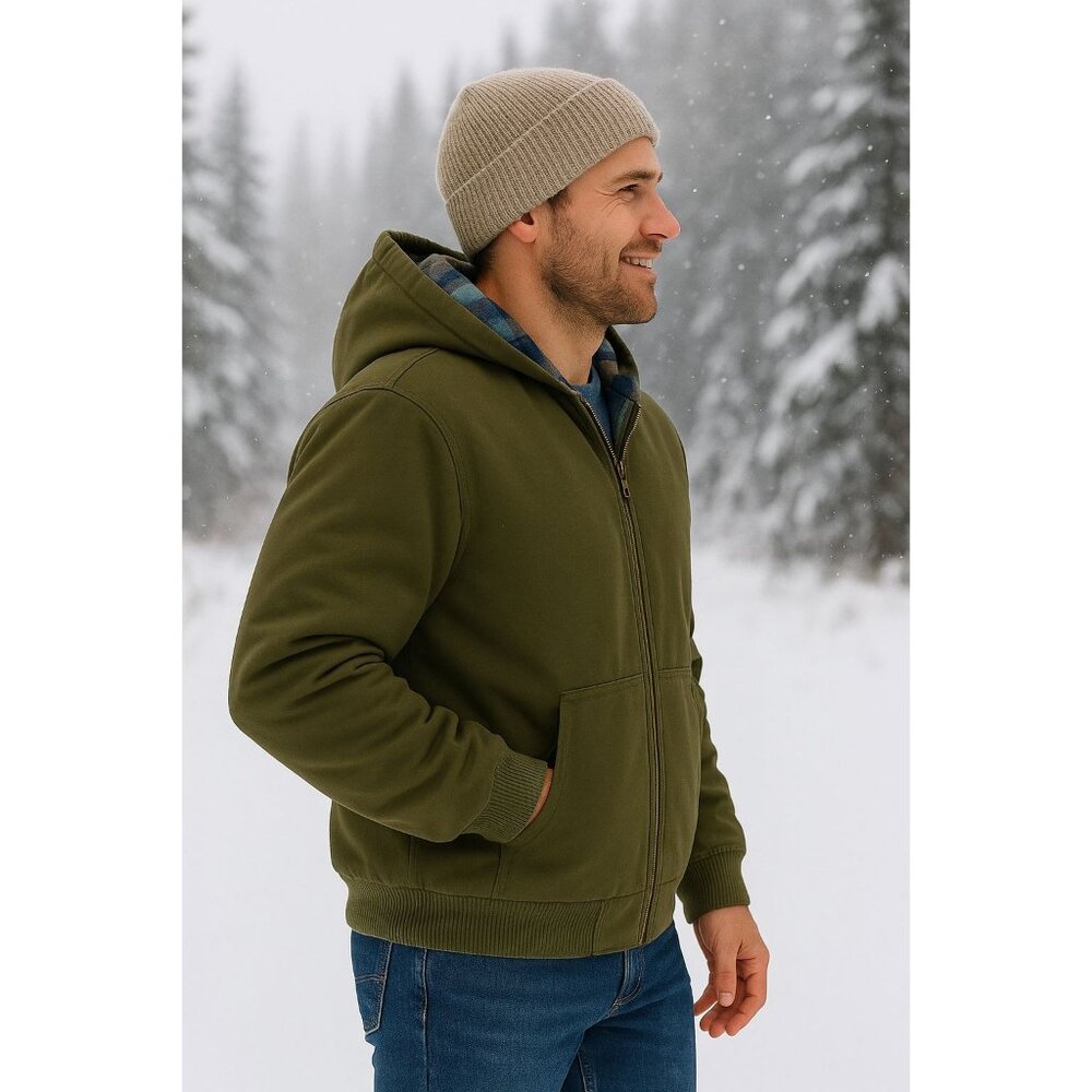 Woolrich M Men Coat Canvas Hooded Jacket Plaid Kangaroo Pocket Hoodie Winter